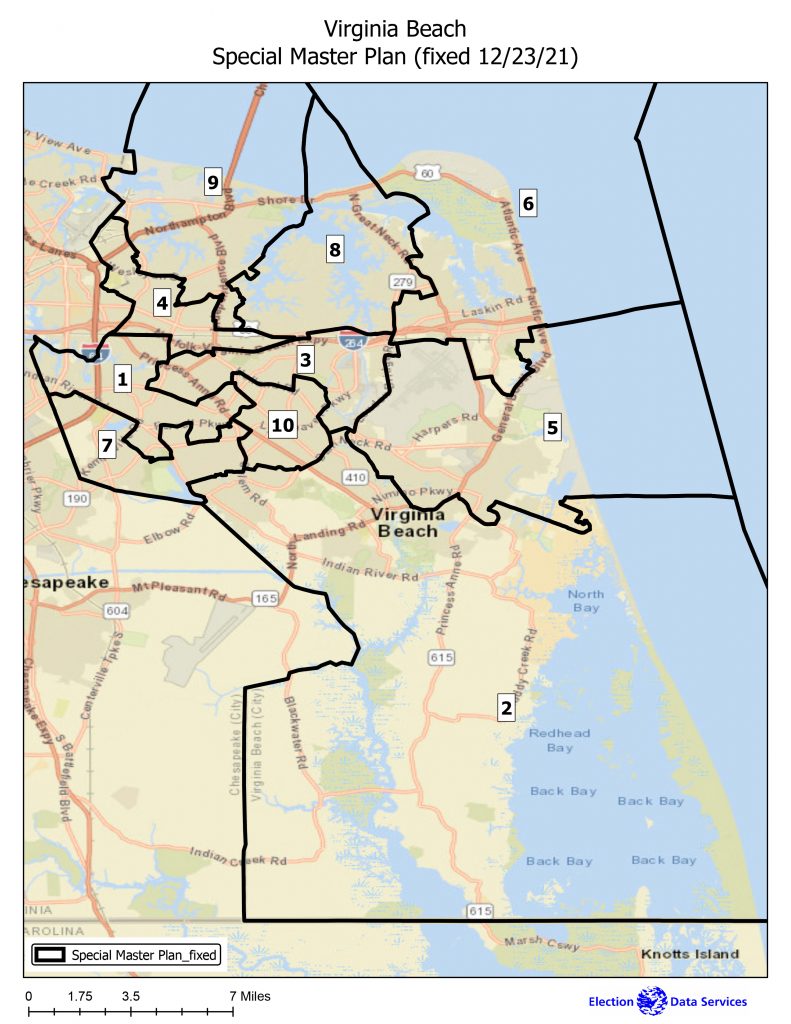 A new voting district map for the City of Virginia Beach was approved in December 2021 by U.S. District Judge Raymond Jackson after the judge ruled the previous at-large election system violated the Voting Rights Act of 1965. The new map establishes 10 districts. Voters only will be allowed to cast ballots for candidates running in the district in which they live.